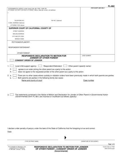 View FL-662 Responsive Declaration to Motion for Joinder of Other Parent—Consent Order of Joinder form