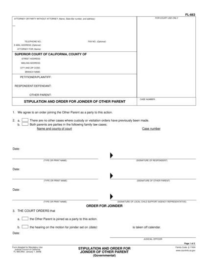 View FL-663 Stipulation and Order for Joinder of Other Parent (Governmental) form