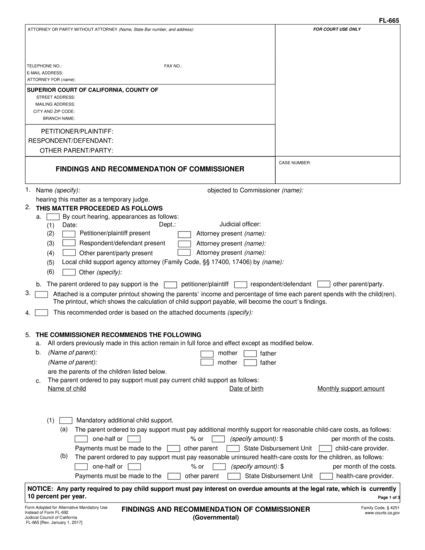 View FL-665 Findings and Recommendation of Commissioner (Governmental) form
