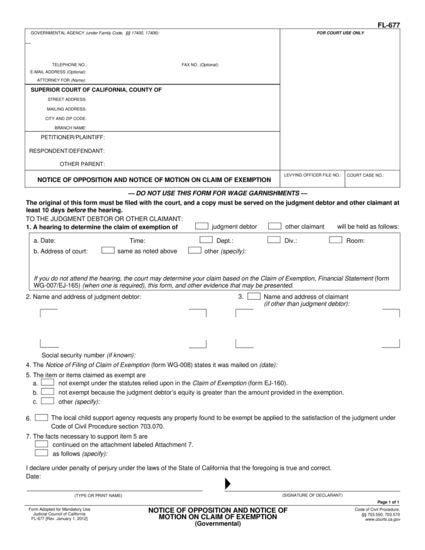 View FL-677 Notice of Opposition and Notice of Motion on Claim of Exemption form
