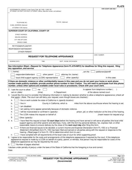 View FL-679 Request for Telephone Appearance (Governmental) - Revoked form