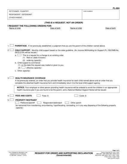 View FL-684 Request for Order and Supporting Declaration (Governmental) form