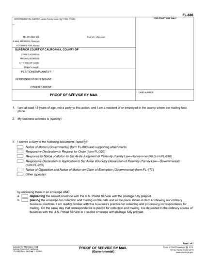 View FL-686 Proof of Service by Mail (Governmental) form