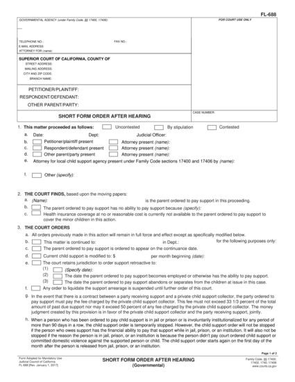 View FL-688 Short Form Order After Hearing (Governmental) form
