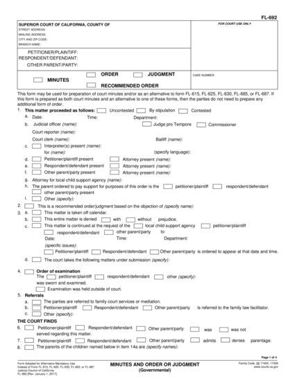 View FL-692 Minutes and Order or Judgment (Governmental) form