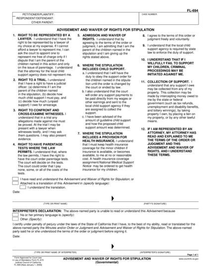 View FL-694 Advisement and Waiver of Rights for Stipulation (Governmental) form