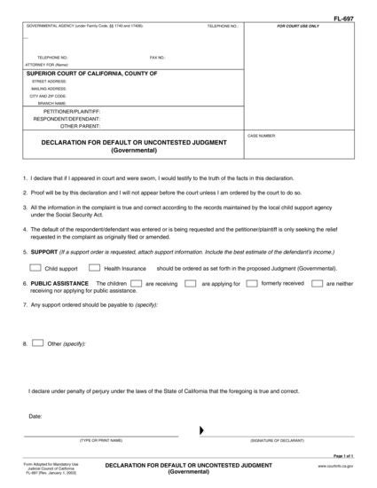 View FL-697 Declaration for Default or Uncontested Judgment (Governmental) form