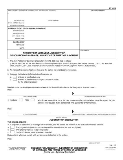View FL-820 Request for Judgment, Judgment of Dissolution of Marriage, and Notice of Entry of Judgment form