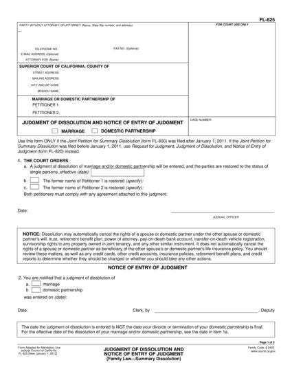 View FL-825 Judgment of Dissolution and Notice of Entry of Judgment form