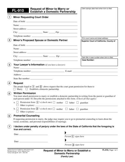View FL-910 Request of Minor to Marry or Establish a Domestic Partnership form