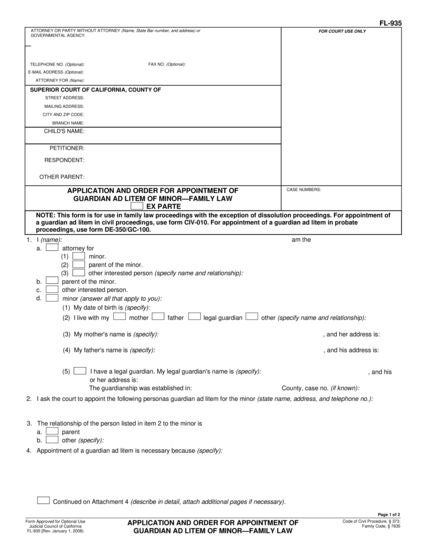 View FL-935 Application and Order for Appointment of Guardian Ad Litem of Minor—Civil and Family Law form