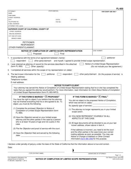 View FL-955 Notice of Completion of Limited Scope Representation form