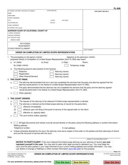View FL-958 Order on Completion of Limited Scope Representation form