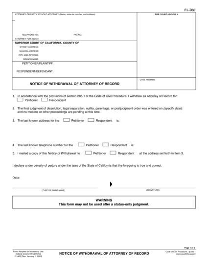 View FL-960 Notice of Withdrawal of Attorney of Record form