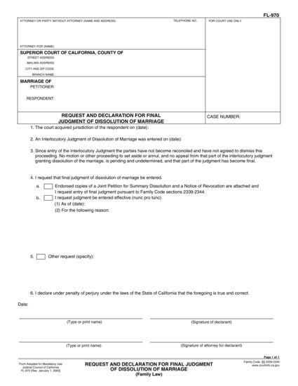 View FL-970 Request and Declaration for Final Judgment of Dissolution of Marriage form