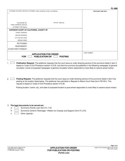 View FL-980 Application for Order for Publication or Posting form