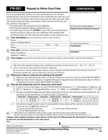 View FW-001 Request to Waive Court Fees form