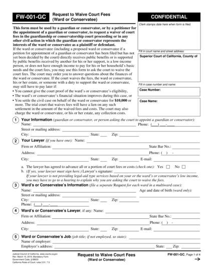 View FW-001-GC Request to Waive Court Fees (Ward or Conservatee) form