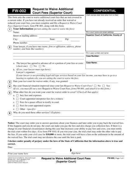 View FW-002 Request to Waive Additional Court Fees (Superior Court) form