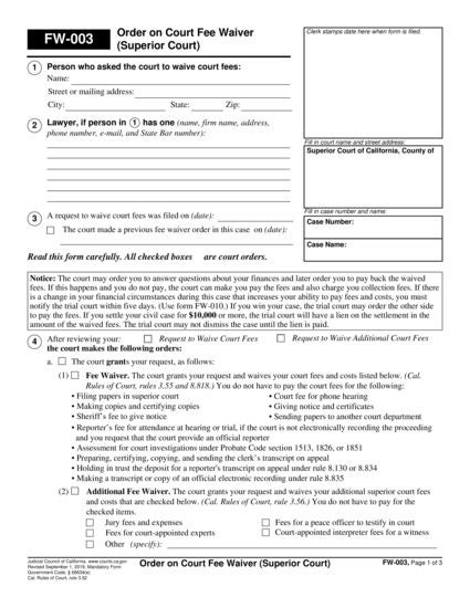 View FW-003 Order on Court Fee Waiver (Superior Court) form