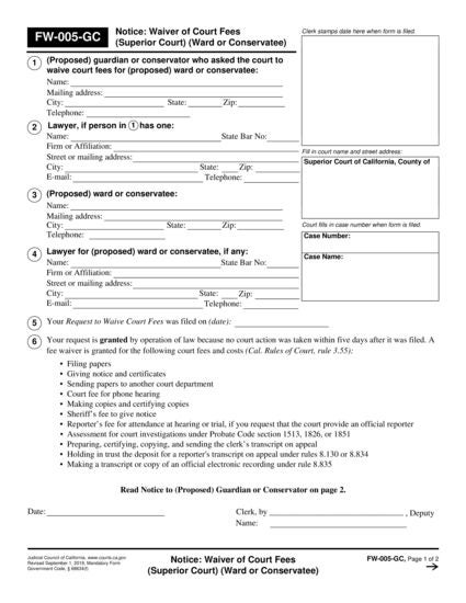 View FW-005-GC Notice: Waiver of Court Fees (Superior Court) (Ward or Conservatee) form