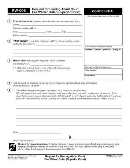 View FW-006 Request for Hearing About Court Fee Waiver Order (Superior Court) form
