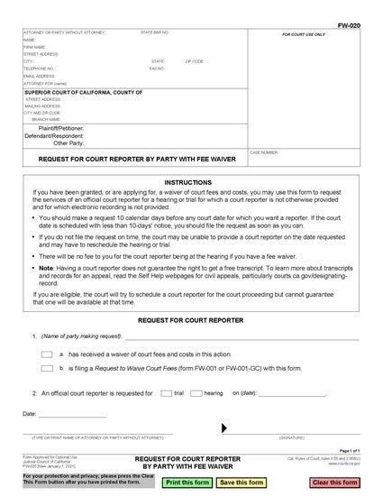 View FW-020 Request for Court Reporter by Party with Fee Waiver form