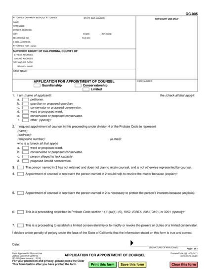 View GC-005 Application for Appointment of Counsel form
