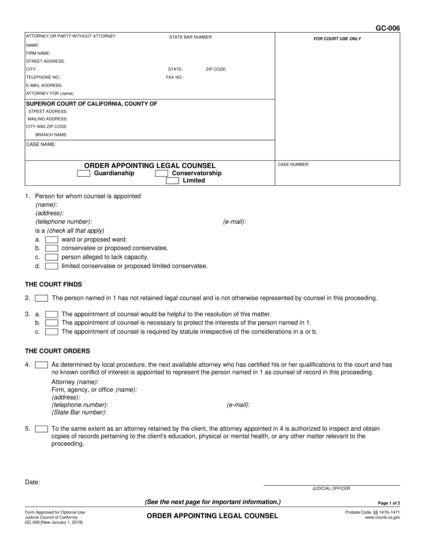 View GC-006 Order Appointing Legal Counsel form