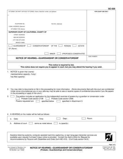 View GC-020 Notice of Hearing—Guardianship or Conservatorship form