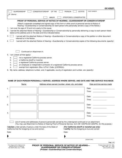View GC-020(P) Proof of Personal Service of Notice of Hearing—Guardianship or Conservatorship form