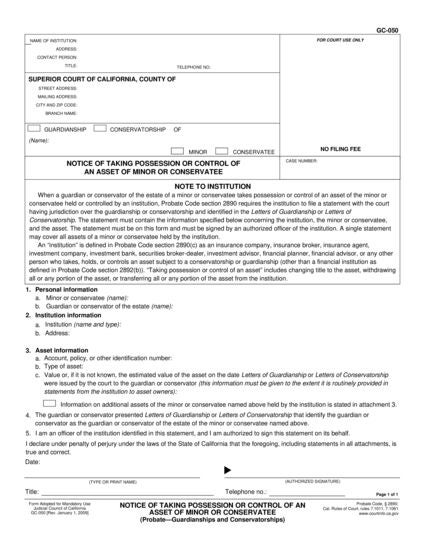 View GC-050 Notice of Taking Possession or Control of An Asset of Minor or Conservatee form