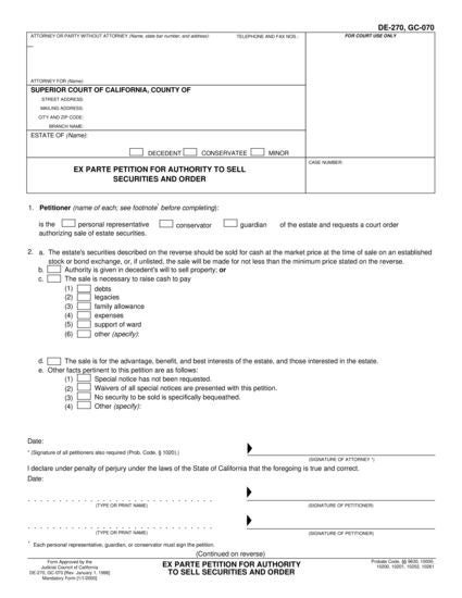 View GC-070 Ex Parte Petition for Authority to Sell Securities and Order form