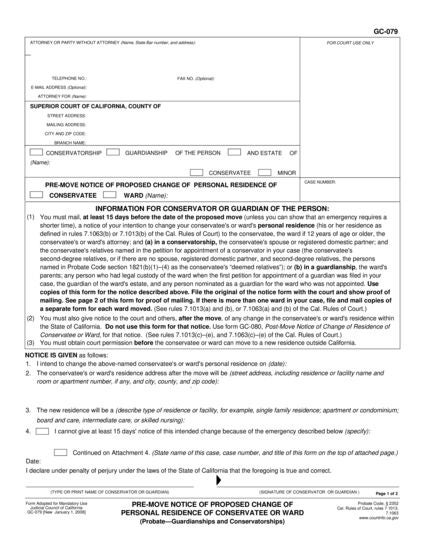 View GC-079 Pre-Move Notice of Proposed Change of Personal Residence of Conservatee or Ward form