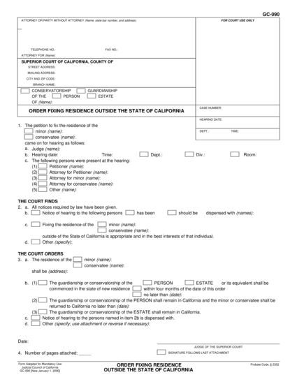 View GC-090 Order Fixing Residence Outside the State of California form