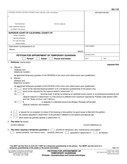 View GC-110 Petition for Appointment of Temporary Guardian form