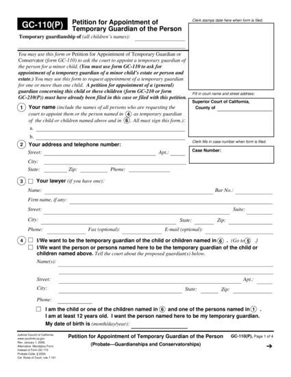 View GC-110(P) Petition for Appointment of Temporary Guardian of the Person form