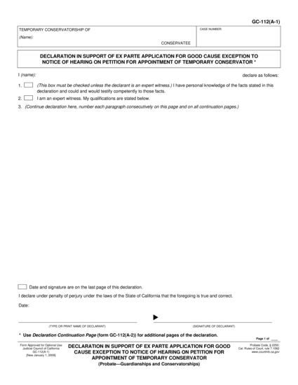 View GC-112(A-1) Declaration in Support of Ex Parte Application for Good Cause Exception to Notice of Hearing on Petition for Appointment of Temporary Conservator form