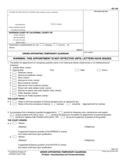 View GC-140 Order Appointing Temporary Guardian form