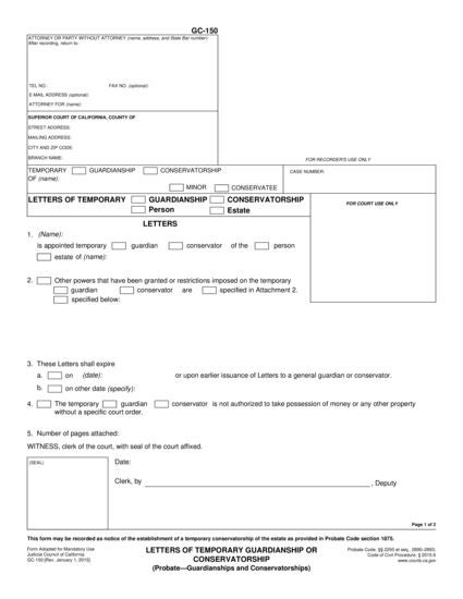 View GC-150 Letters of Temporary Guardianship or Conservatorship form