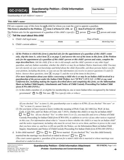 View GC-210(CA) Child Information Attachment to Probate Guardianship Petition form