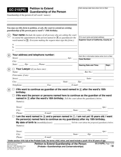 View GC-210(PE) Petition to Extend Guardianship of the Person form