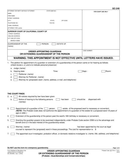 View GC-240 Order Appointing Guardian or Extending Guardianship of the Person form