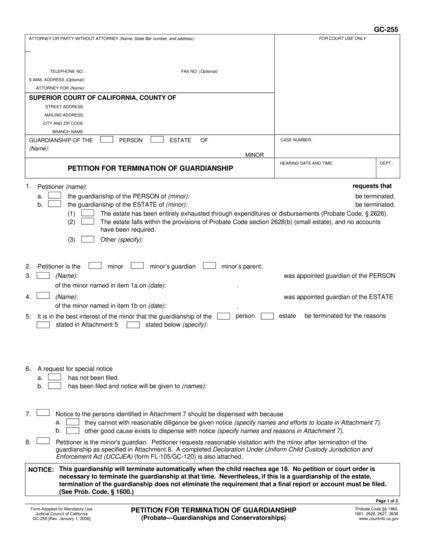 View GC-255 Petition for Termination of Guardianship form