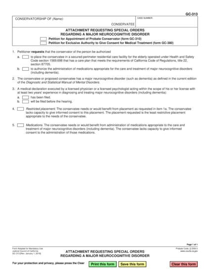 View GC-313 Attachment Requesting Special Orders Regarding Dementia form