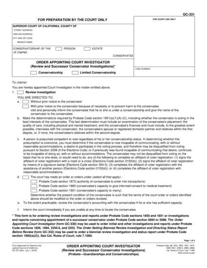 View GC-331 Order Appointing Court Investigator (Review and Successor Conservator Investigations) form
