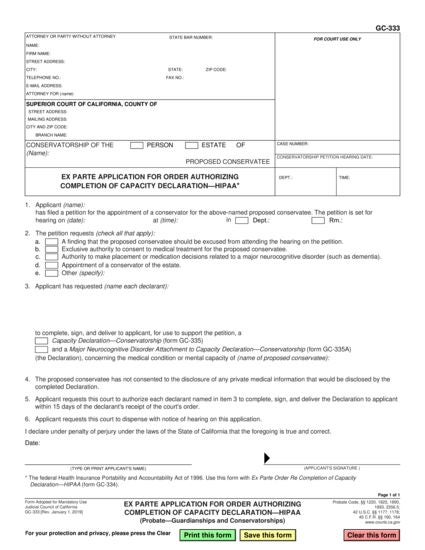 View GC-333 Ex Parte Application for Order Authorizing Completion of Capacity Declaration—HIPAA form