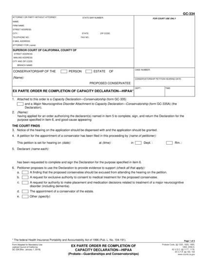 View GC-334 Ex Parte Order Re Completion of Capacity Declaration—HIPAA form