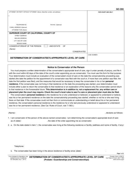 View GC-355 Determination of Conservatee's Appropriate Level of Care form