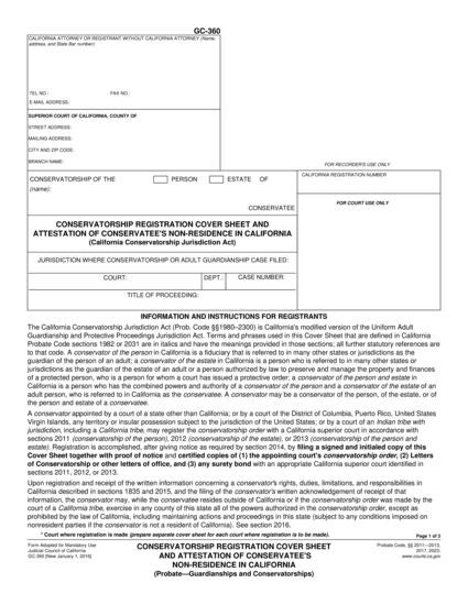 View GC-360 Conservatorship Registration Cover Sheet and Attestation of Conservatee's Non-Residence in California form